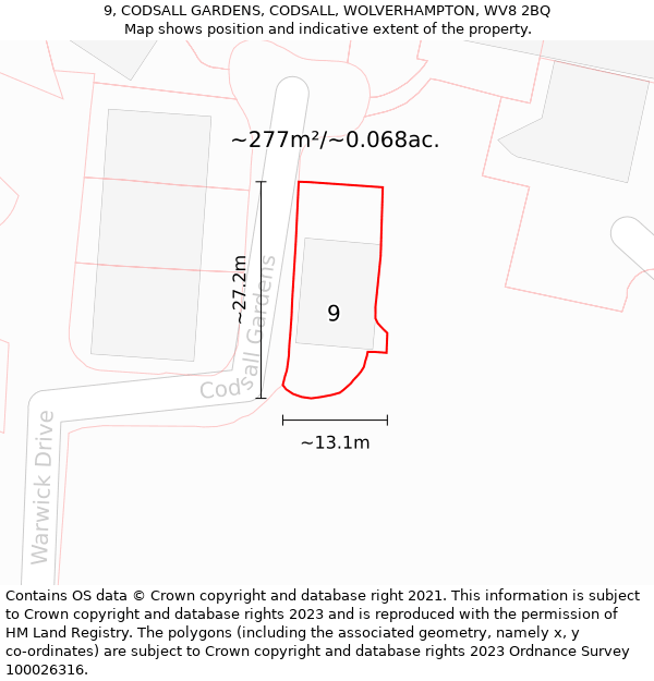 9, CODSALL GARDENS, CODSALL, WOLVERHAMPTON, WV8 2BQ: Plot and title map