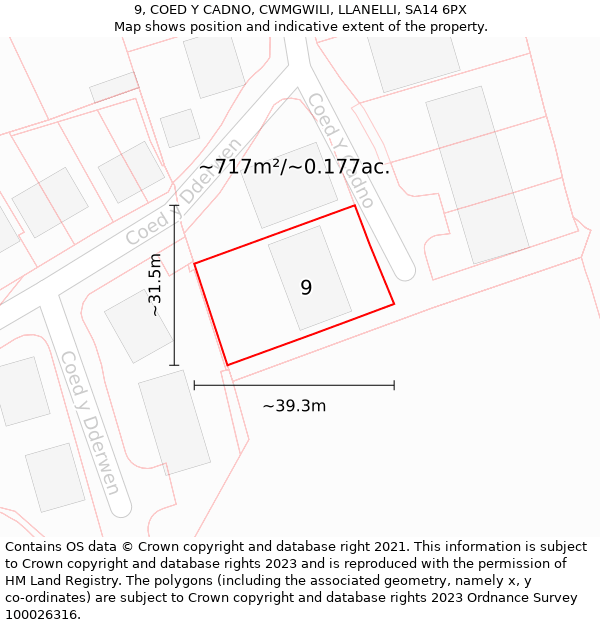 9, COED Y CADNO, CWMGWILI, LLANELLI, SA14 6PX: Plot and title map