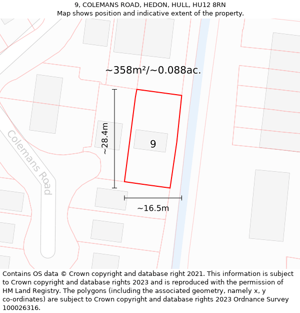 9, COLEMANS ROAD, HEDON, HULL, HU12 8RN: Plot and title map