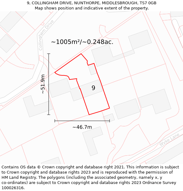 9, COLLINGHAM DRIVE, NUNTHORPE, MIDDLESBROUGH, TS7 0GB: Plot and title map