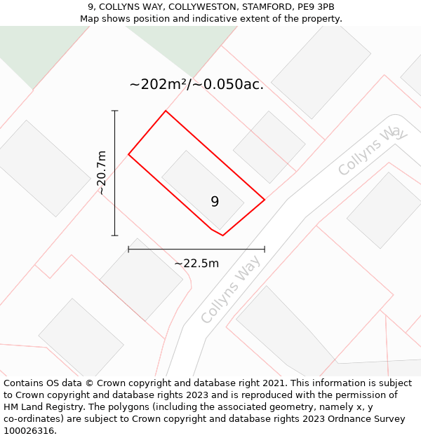 9, COLLYNS WAY, COLLYWESTON, STAMFORD, PE9 3PB: Plot and title map