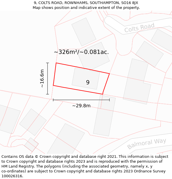 9, COLTS ROAD, ROWNHAMS, SOUTHAMPTON, SO16 8JX: Plot and title map