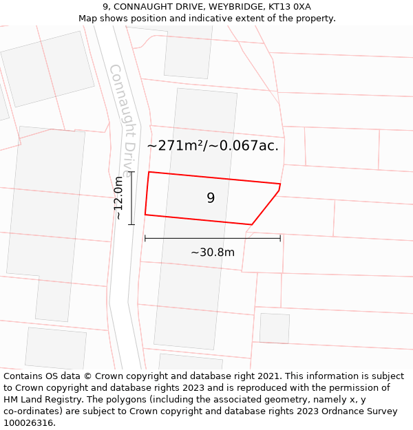 9, CONNAUGHT DRIVE, WEYBRIDGE, KT13 0XA: Plot and title map