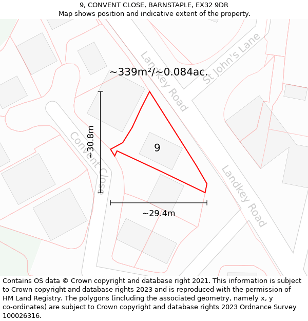 9, CONVENT CLOSE, BARNSTAPLE, EX32 9DR: Plot and title map