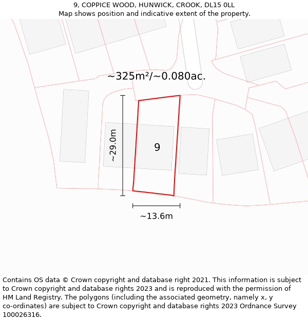 9, COPPICE WOOD, HUNWICK, CROOK, DL15 0LL: Plot and title map