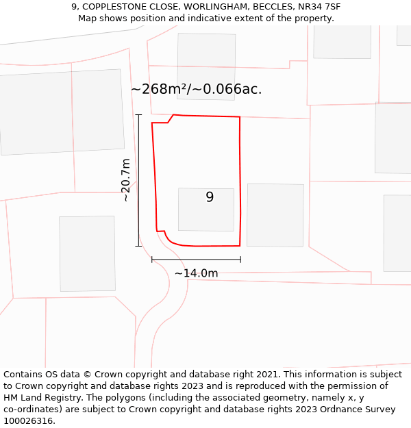 9, COPPLESTONE CLOSE, WORLINGHAM, BECCLES, NR34 7SF: Plot and title map