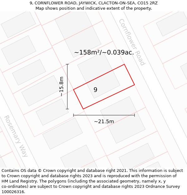 9, CORNFLOWER ROAD, JAYWICK, CLACTON-ON-SEA, CO15 2RZ: Plot and title map