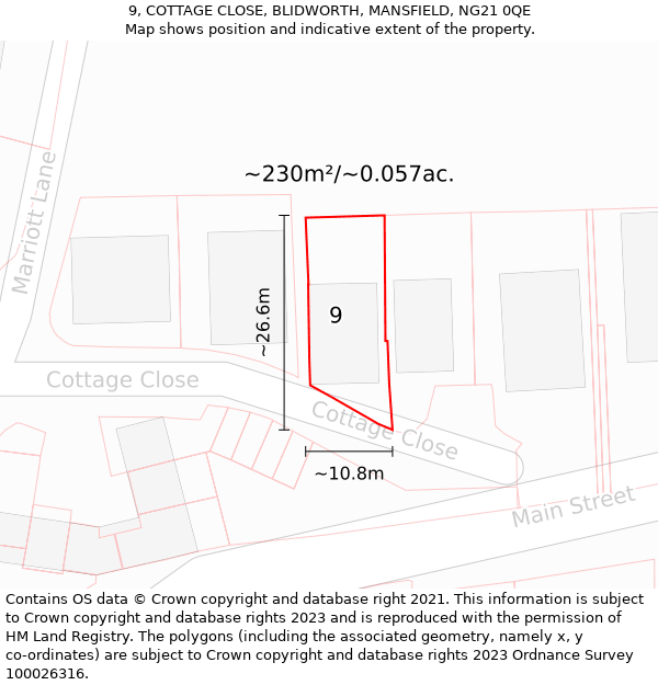 9, COTTAGE CLOSE, BLIDWORTH, MANSFIELD, NG21 0QE: Plot and title map