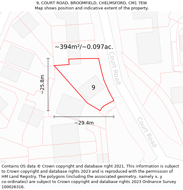 9, COURT ROAD, BROOMFIELD, CHELMSFORD, CM1 7EW: Plot and title map