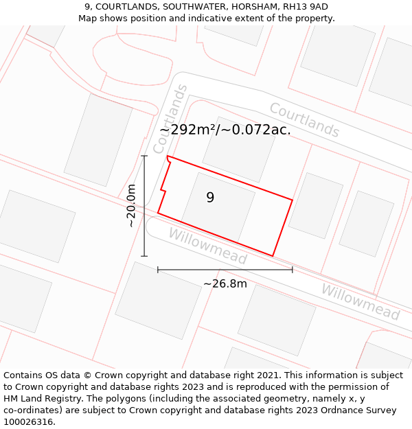9, COURTLANDS, SOUTHWATER, HORSHAM, RH13 9AD: Plot and title map