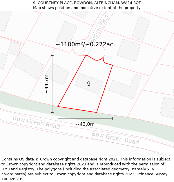 9, COURTNEY PLACE, BOWDON, ALTRINCHAM, WA14 3QT: Plot and title map