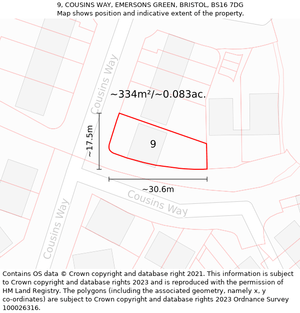 9, COUSINS WAY, EMERSONS GREEN, BRISTOL, BS16 7DG: Plot and title map