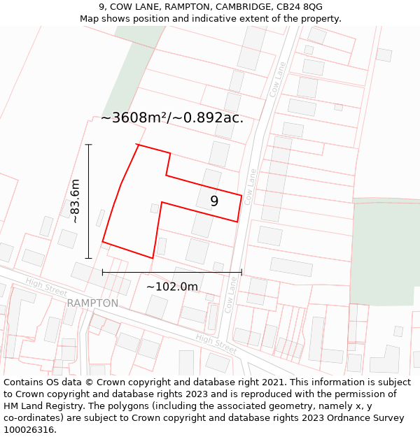 9, COW LANE, RAMPTON, CAMBRIDGE, CB24 8QG: Plot and title map