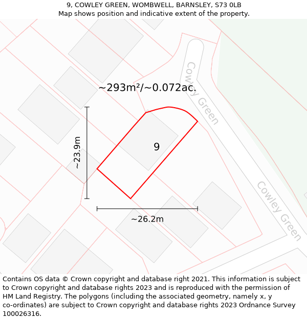 9, COWLEY GREEN, WOMBWELL, BARNSLEY, S73 0LB: Plot and title map