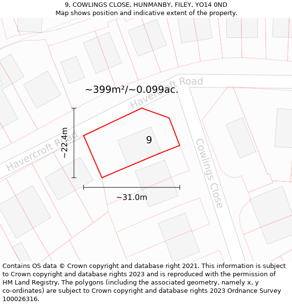 9, COWLINGS CLOSE, HUNMANBY, FILEY, YO14 0ND: Plot and title map