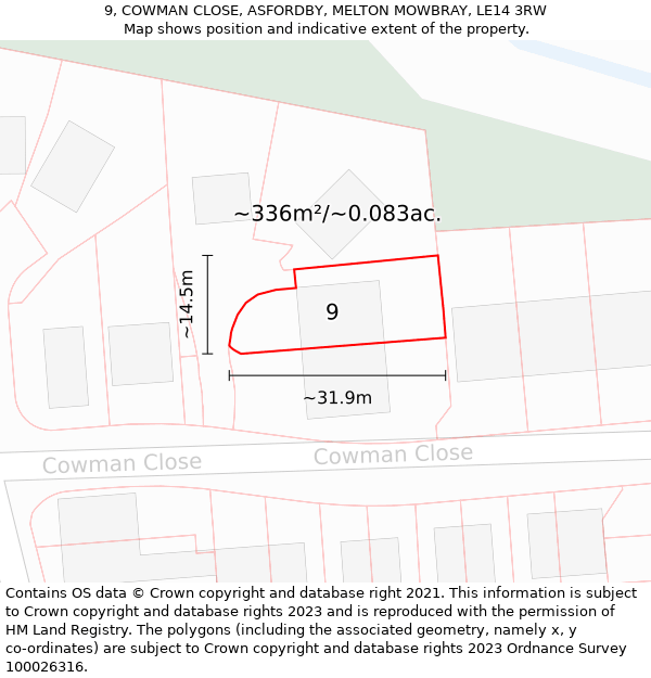 9, COWMAN CLOSE, ASFORDBY, MELTON MOWBRAY, LE14 3RW: Plot and title map