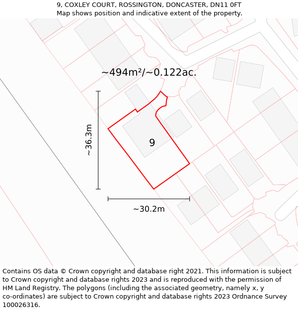 9, COXLEY COURT, ROSSINGTON, DONCASTER, DN11 0FT: Plot and title map