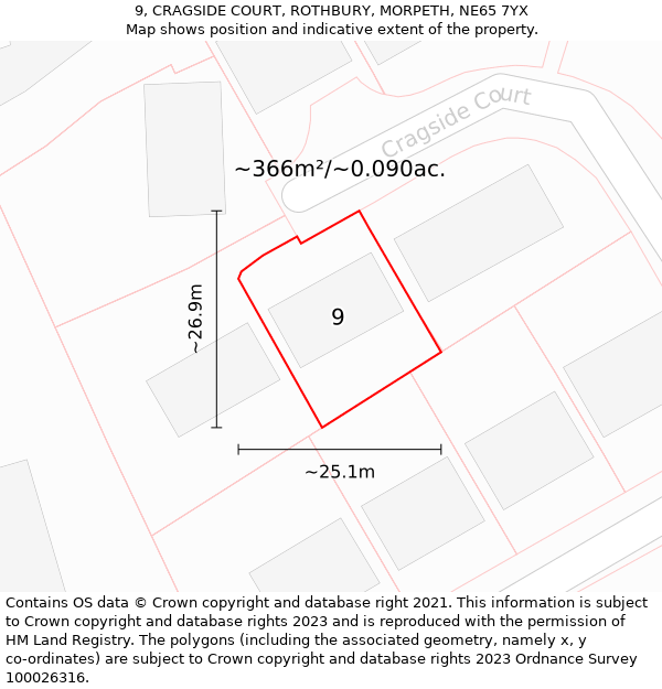 9, CRAGSIDE COURT, ROTHBURY, MORPETH, NE65 7YX: Plot and title map