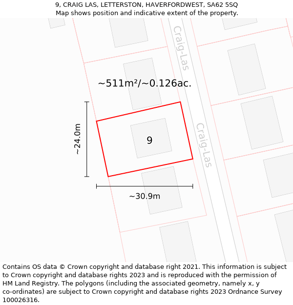 9, CRAIG LAS, LETTERSTON, HAVERFORDWEST, SA62 5SQ: Plot and title map