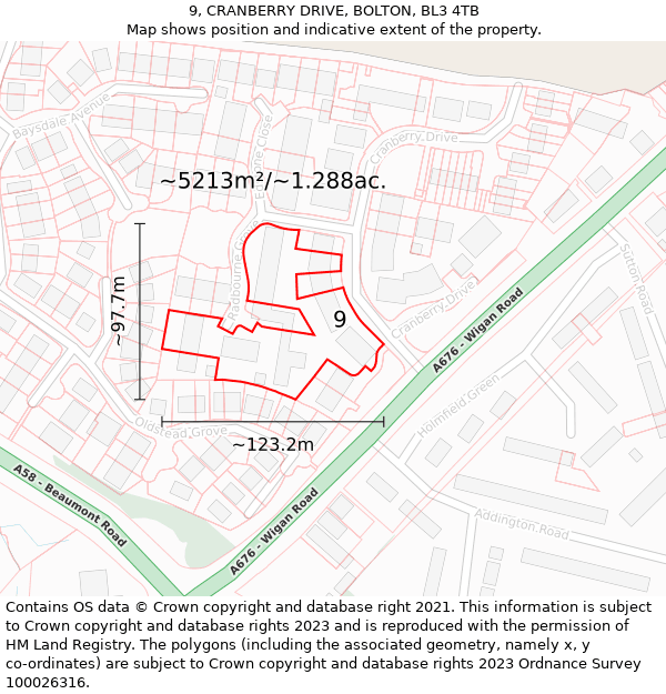 9, CRANBERRY DRIVE, BOLTON, BL3 4TB: Plot and title map