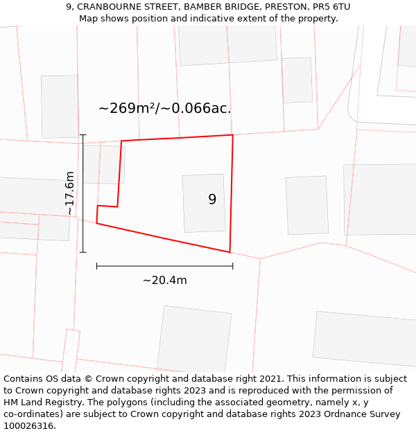 9, CRANBOURNE STREET, BAMBER BRIDGE, PRESTON, PR5 6TU: Plot and title map
