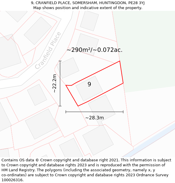 9, CRANFIELD PLACE, SOMERSHAM, HUNTINGDON, PE28 3YJ: Plot and title map