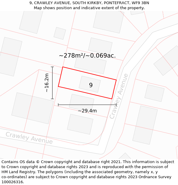 9, CRAWLEY AVENUE, SOUTH KIRKBY, PONTEFRACT, WF9 3BN: Plot and title map