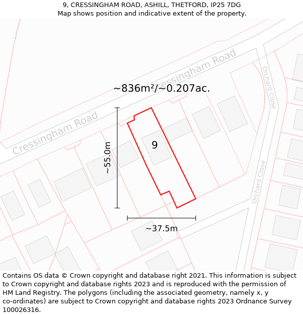 9, CRESSINGHAM ROAD, ASHILL, THETFORD, IP25 7DG: Plot and title map