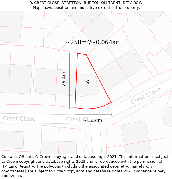 9, CREST CLOSE, STRETTON, BURTON-ON-TRENT, DE13 0GW: Plot and title map