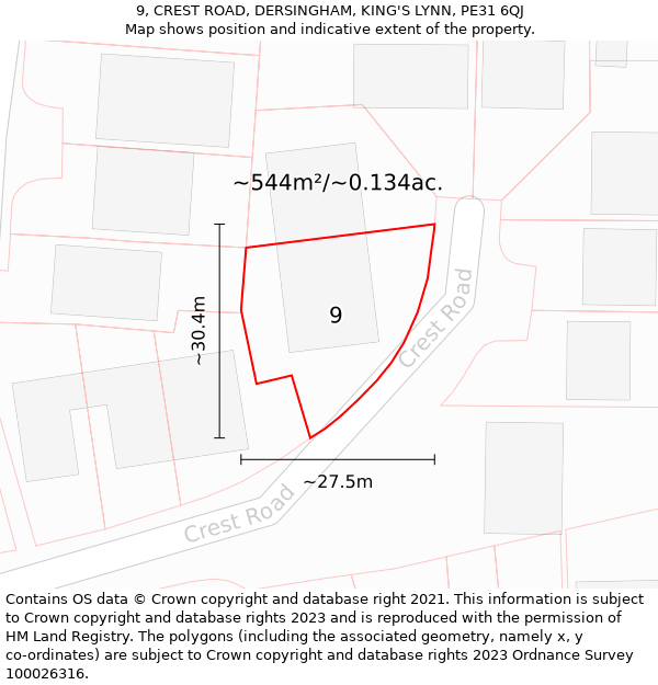 9, CREST ROAD, DERSINGHAM, KING'S LYNN, PE31 6QJ: Plot and title map