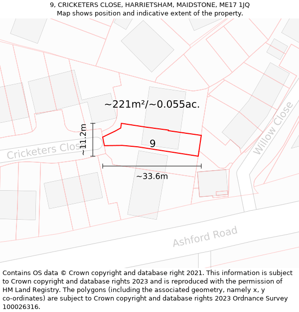 9, CRICKETERS CLOSE, HARRIETSHAM, MAIDSTONE, ME17 1JQ: Plot and title map