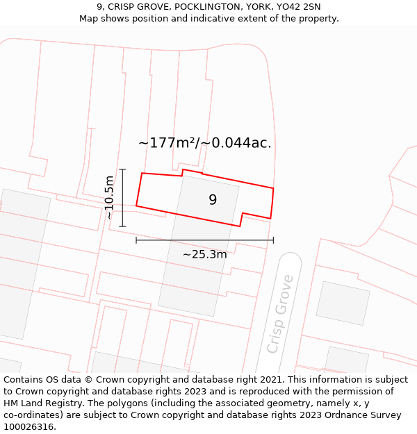 9, CRISP GROVE, POCKLINGTON, YORK, YO42 2SN: Plot and title map
