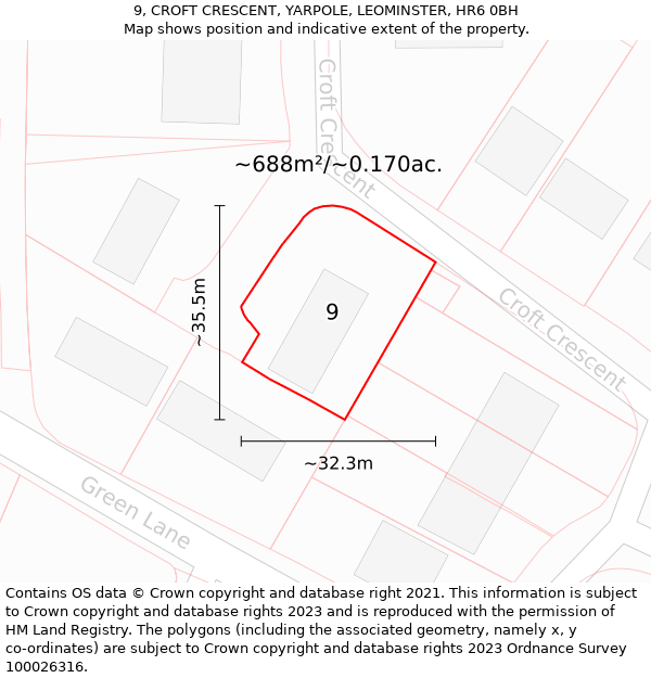 9, CROFT CRESCENT, YARPOLE, LEOMINSTER, HR6 0BH: Plot and title map