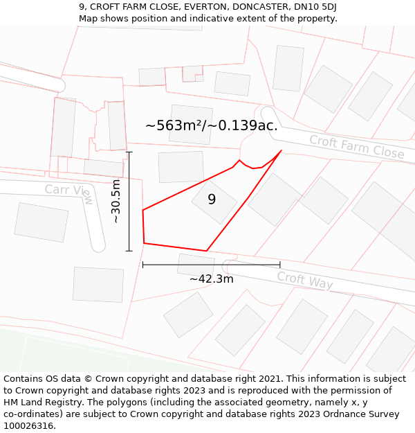 9, CROFT FARM CLOSE, EVERTON, DONCASTER, DN10 5DJ: Plot and title map