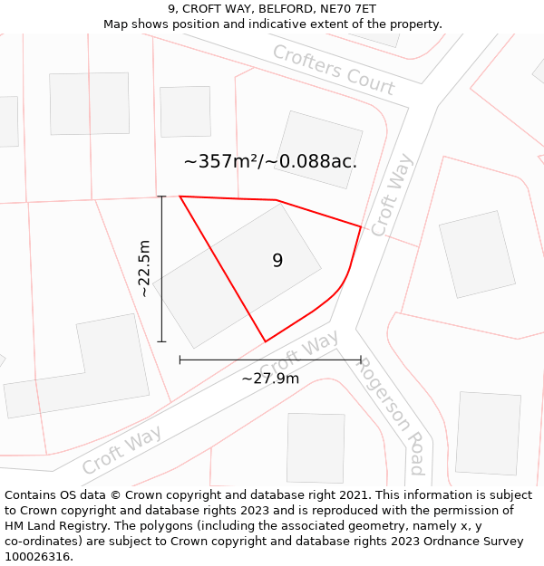 9, CROFT WAY, BELFORD, NE70 7ET: Plot and title map