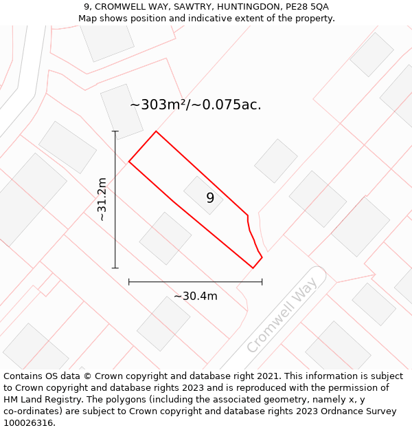 9, CROMWELL WAY, SAWTRY, HUNTINGDON, PE28 5QA: Plot and title map