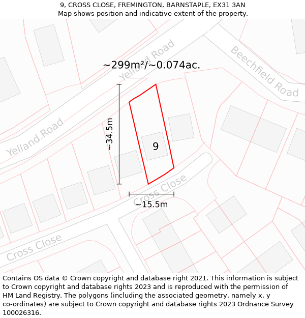 9, CROSS CLOSE, FREMINGTON, BARNSTAPLE, EX31 3AN: Plot and title map