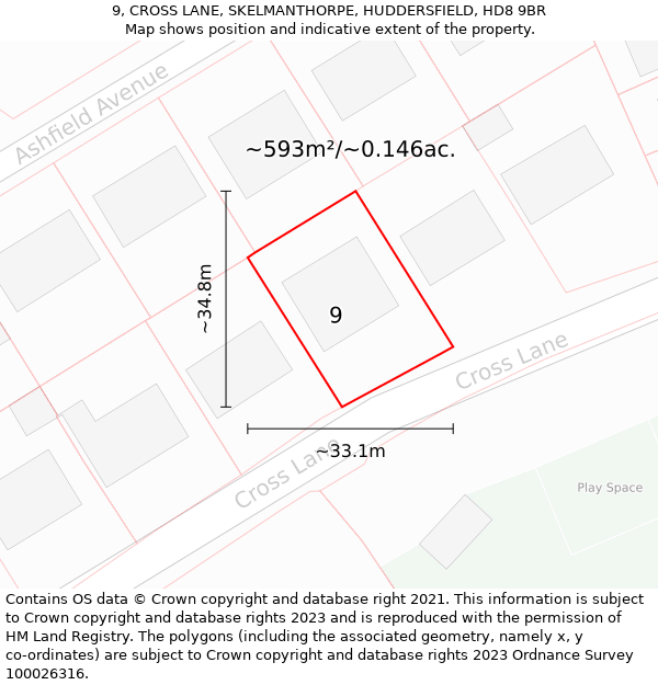 9, CROSS LANE, SKELMANTHORPE, HUDDERSFIELD, HD8 9BR: Plot and title map