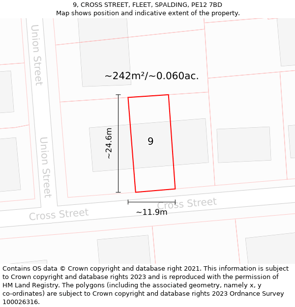 9, CROSS STREET, FLEET, SPALDING, PE12 7BD: Plot and title map