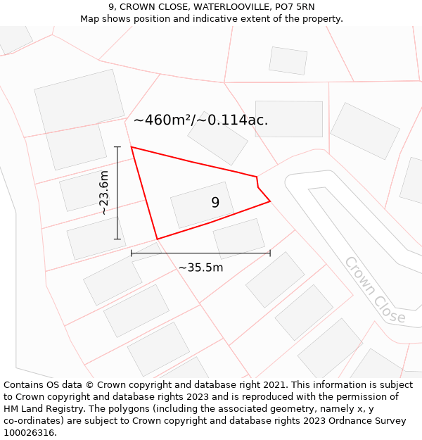 9, CROWN CLOSE, WATERLOOVILLE, PO7 5RN: Plot and title map