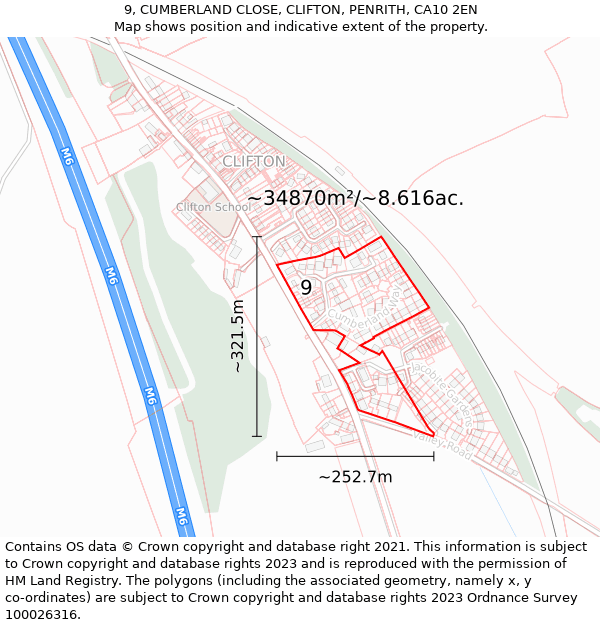 9, CUMBERLAND CLOSE, CLIFTON, PENRITH, CA10 2EN: Plot and title map