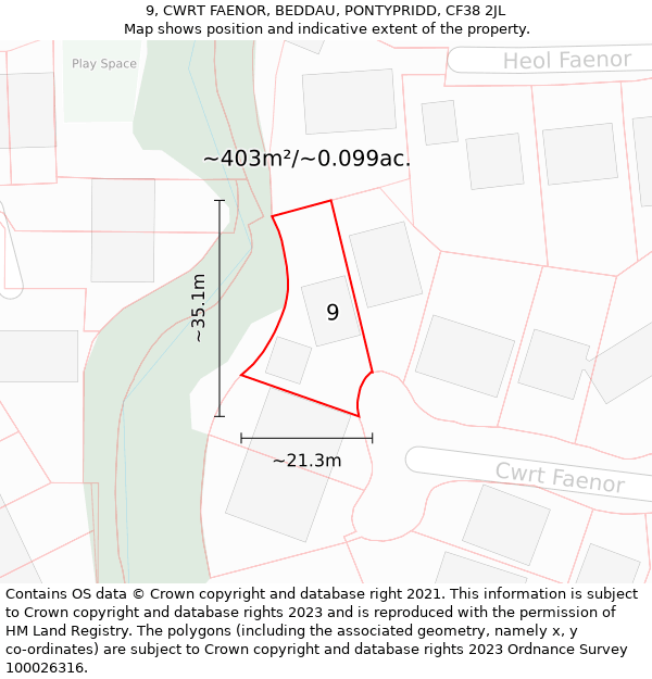 9, CWRT FAENOR, BEDDAU, PONTYPRIDD, CF38 2JL: Plot and title map