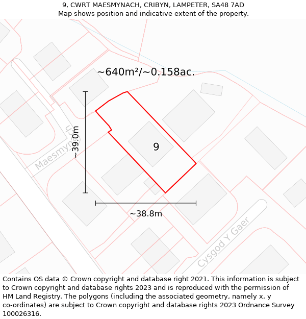 9, CWRT MAESMYNACH, CRIBYN, LAMPETER, SA48 7AD: Plot and title map