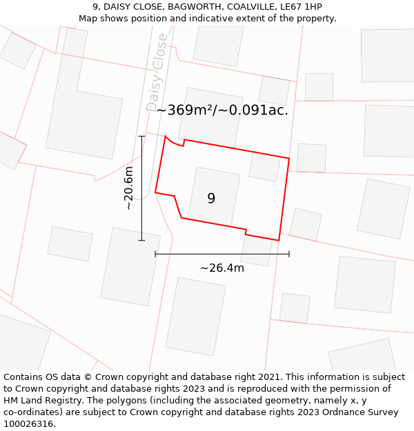 9, DAISY CLOSE, BAGWORTH, COALVILLE, LE67 1HP: Plot and title map