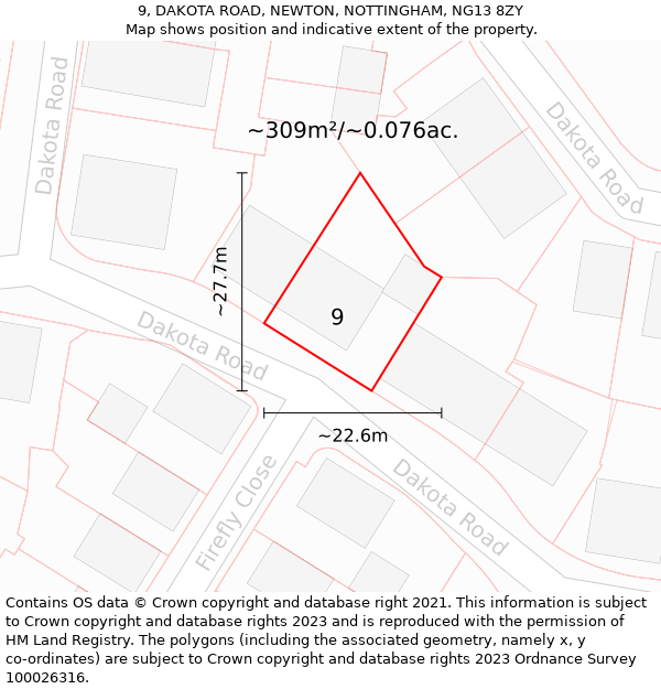 9, DAKOTA ROAD, NEWTON, NOTTINGHAM, NG13 8ZY: Plot and title map