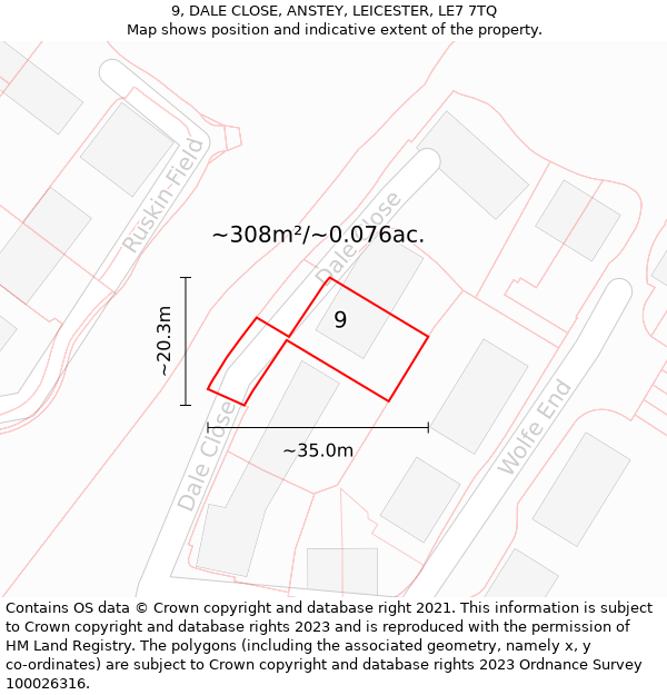 9, DALE CLOSE, ANSTEY, LEICESTER, LE7 7TQ: Plot and title map