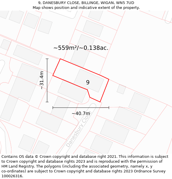 9, DANESBURY CLOSE, BILLINGE, WIGAN, WN5 7UD: Plot and title map