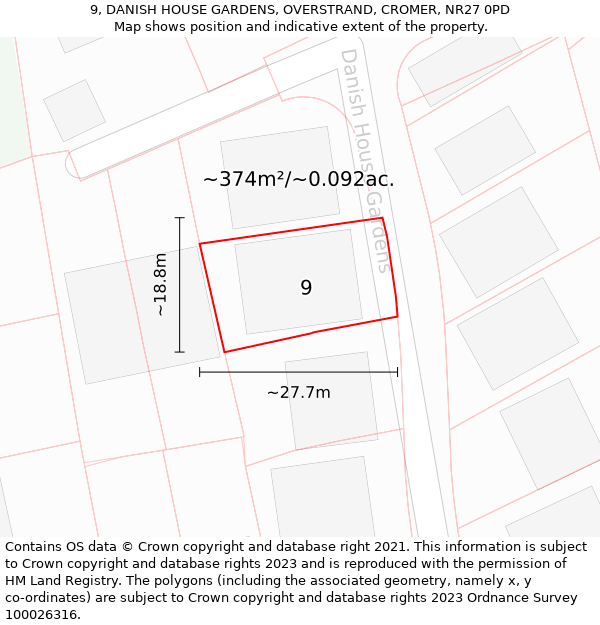 9, DANISH HOUSE GARDENS, OVERSTRAND, CROMER, NR27 0PD: Plot and title map