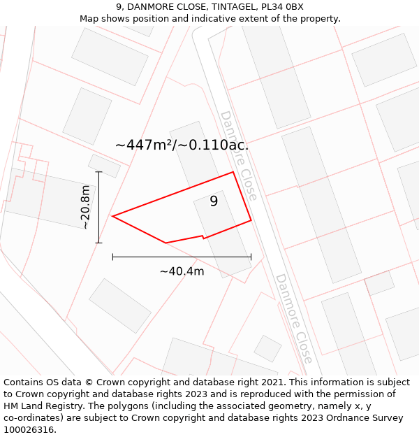 9, DANMORE CLOSE, TINTAGEL, PL34 0BX: Plot and title map