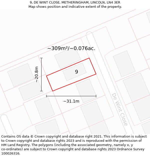 9, DE WINT CLOSE, METHERINGHAM, LINCOLN, LN4 3ER: Plot and title map